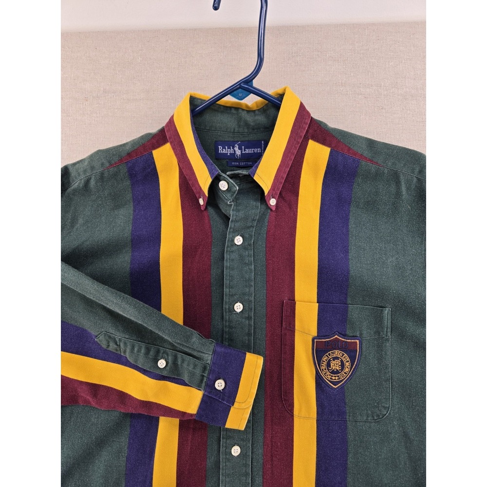 Vtg Ralph Lauren Shirt Mens Medium Color Block Stripe Polo Crest Brushpopper